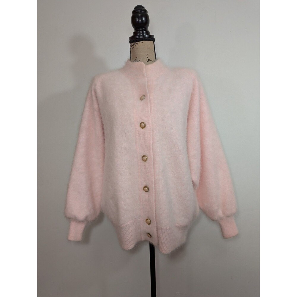 Vtg Belldini Angora Rabbit Fur Soft Pink  Cardigan Sweater Jewel Buttons Sz L